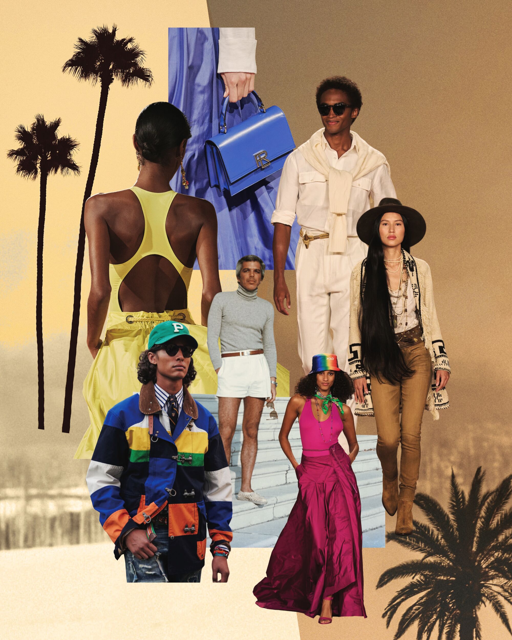 Collage of looks from Ralph Lauren SS23 on a sepia landscape background surrounded by palm trees.