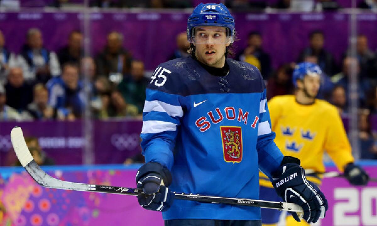 Finland defenseman Sami Vatanen looks on during an Olympic semifinal game against Sweden in Sochi, Russia, on Feb. 21. Vatanen is considered one of the most promising young defensemen in the NHL.