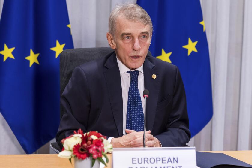 FILE - European Parliament President David Sassoli speaks prior to a signing ceremony of EU Legislative Priorities for 2022 on the sidelines of an EU Summit in Brussels, on Dec. 16, 2021. Sassoli has died at a hospital in Italy, his spokesman said in a tweet Tuesday, Jan. 11, 2022. (AP Photo/Geert Vanden Wijngaert, Pool, File)