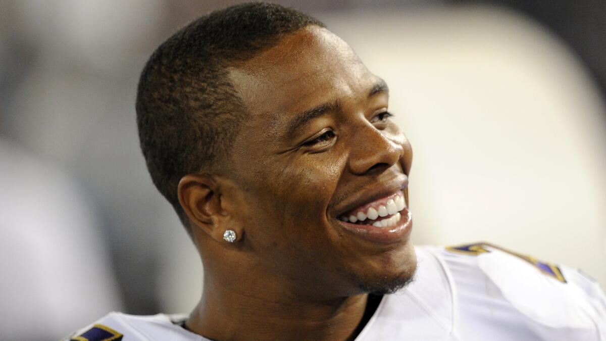 Former Baltimore Ravens running back Ray Rice smiles during a preseason game in August.