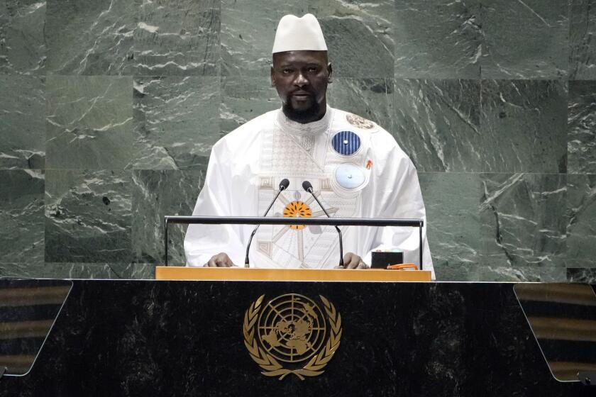 Guinea's President Mamadi Doumbouya addresses the 78th session of the United Nations General Assembly, Thursday, Sept. 21, 2023. (AP Photo/Richard Drew)