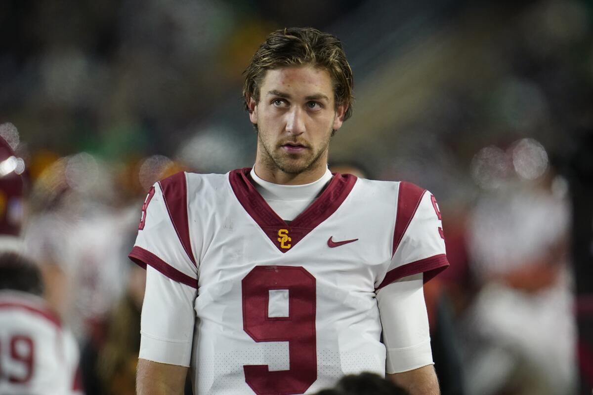 USC quarterback Kedon Slovis watches from the sideline against Notre Dame.