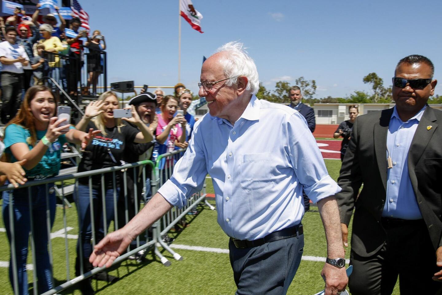 Democratic presidential candidate Bernie Sanders arrives at Rancho Buena Vista High School.
