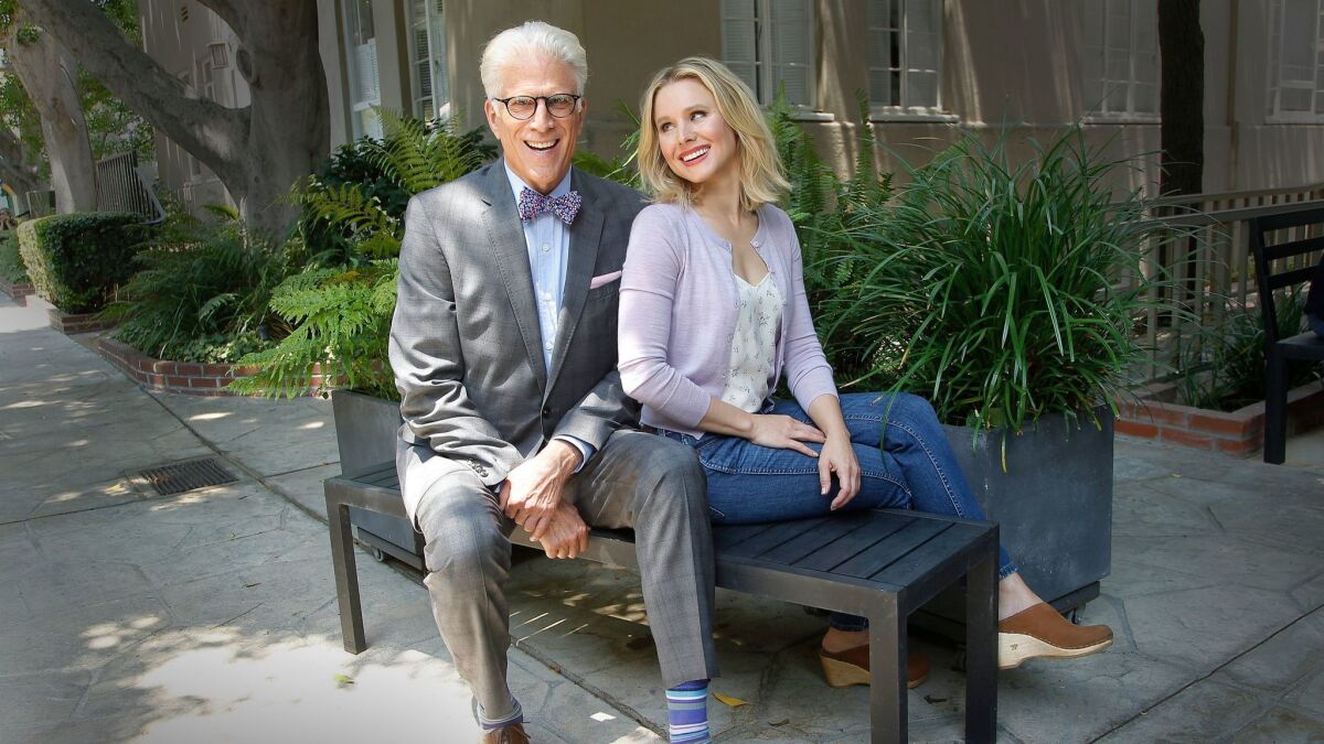 Ted Danson and Kristen Bell, who star in NBC's afterlife comedy, "The Good Place."