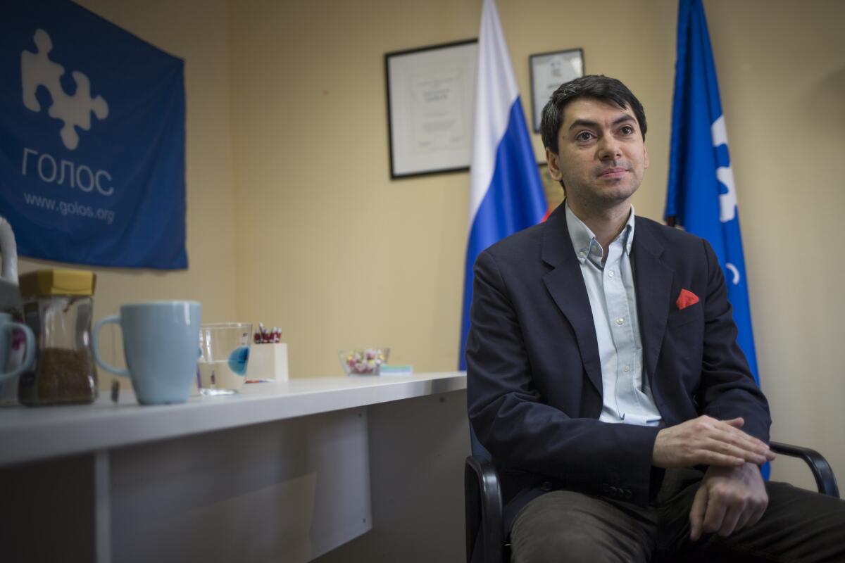 Golos deputy executive director Grigory Melkonyants in his Moscow office.
