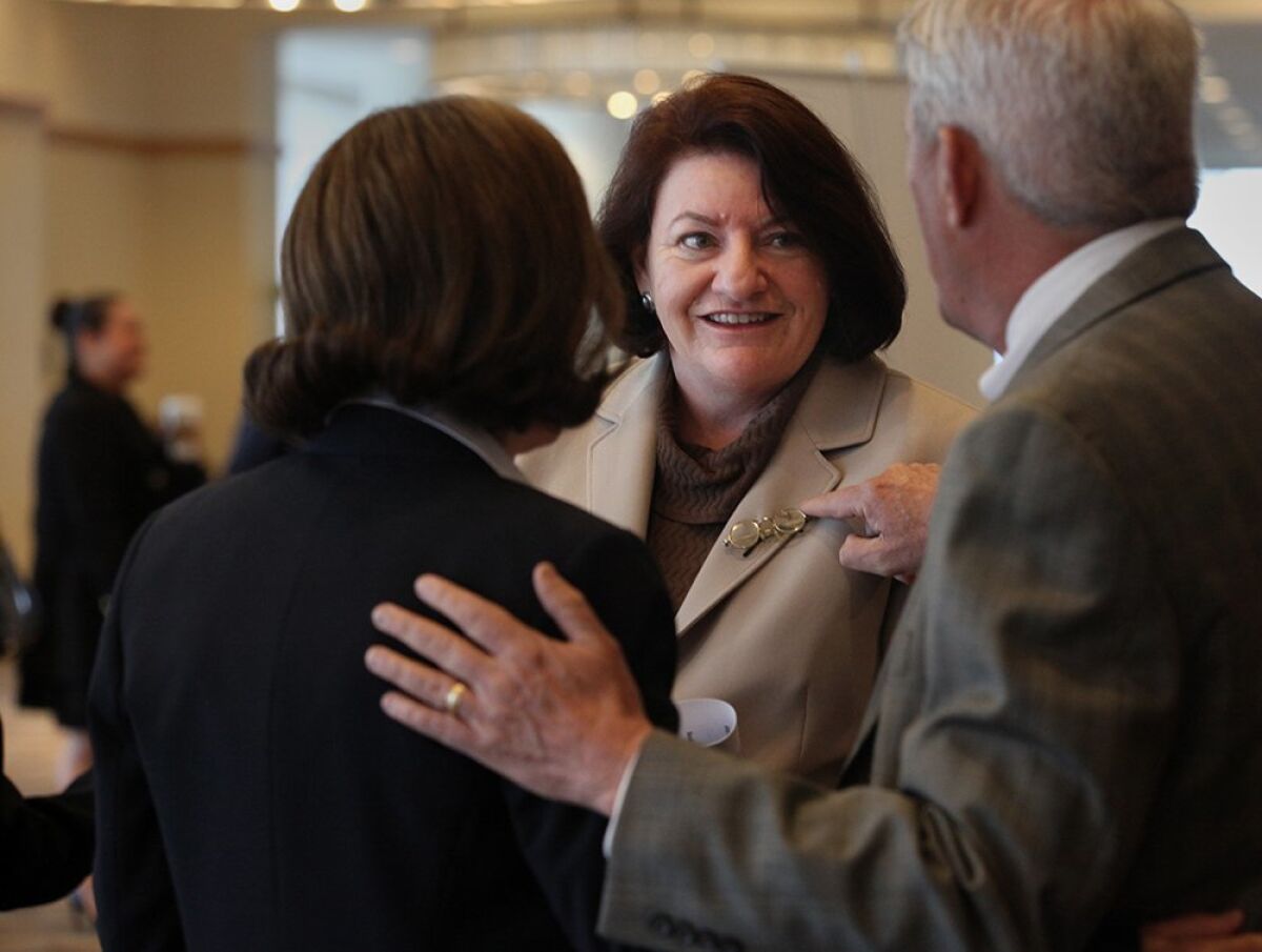 Speaker of the State Assembly Toni Atkins is greeted by participants at the annual Harvey Milk Diversity Breakfast on May 21,2015. — Peggy Peattie / UTSan DIego/Twitter @peggypeattie