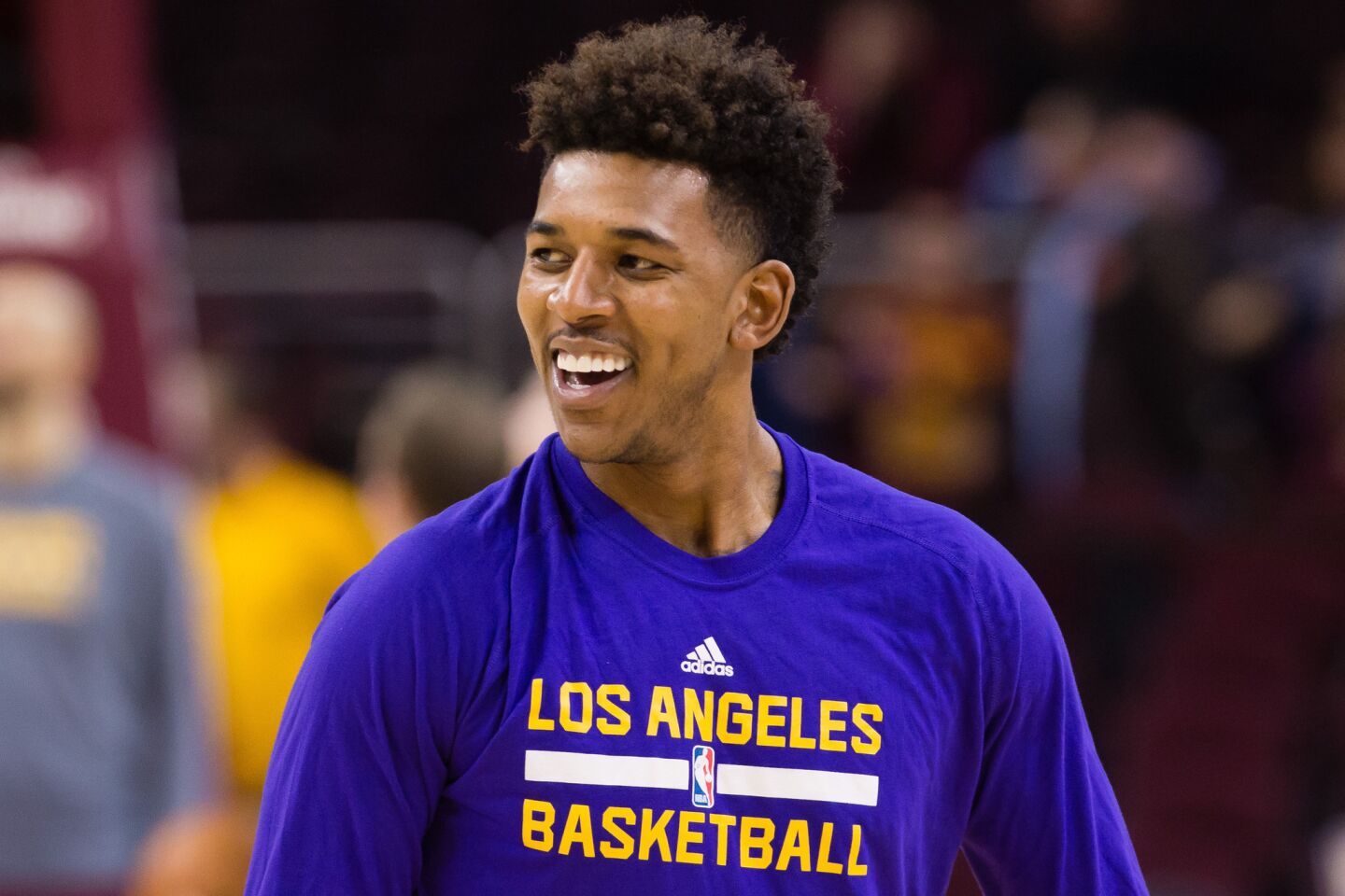 Lakers guard Nick Young warms up before a game against the Cleveland Cavaliers on Feb. 10.