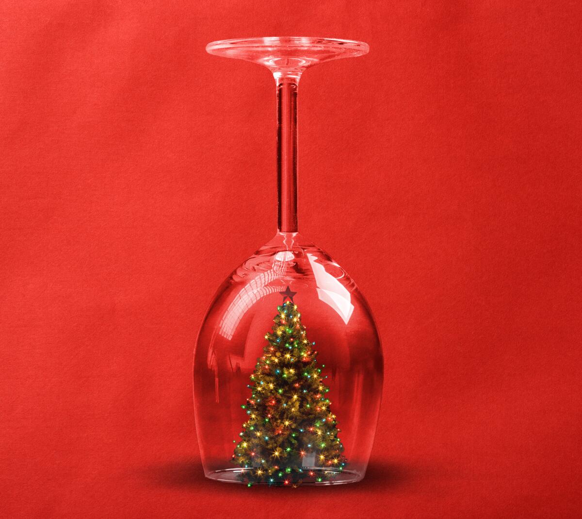 photo illustration of a christmas tree under an upside-down wine glass