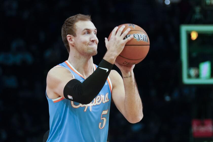 The Clippers' Luke Kennard competes in the All-Star three-point shootout Feb. 19, 2022, in Cleveland.