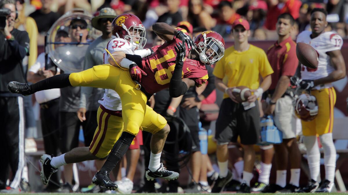USC safety Matt Lopes, left, prevents wide receiver Ajene Harris from making a catch during the Trojans' spring game at the Coliseum on April 11.
