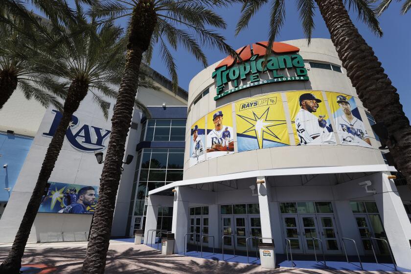 FILE - Tropicana Field stands April 8, 2022, in St. Petersburg, Fla. The AL Wild Card Series opener between the Texas Rangers and Tampa Bay Rays on Tuesday, Oct. 3, 2023, drew an announced crowd of just 19,704 to Tropicana Field, the lowest for a postseason game since the 1919 World Series other than during the coronavirus pandemic, according to Stathead. (AP Photo/Scott Audette, File)