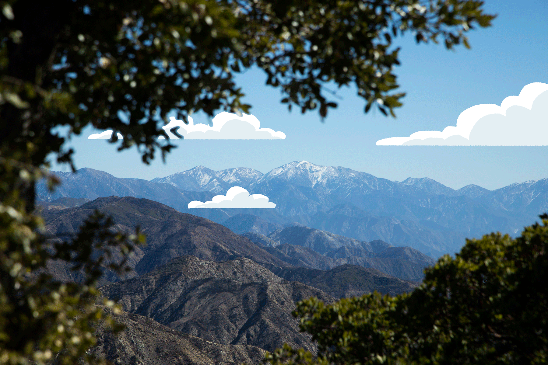 Photo of a mountain in the distance with animated illustrated clouds.
