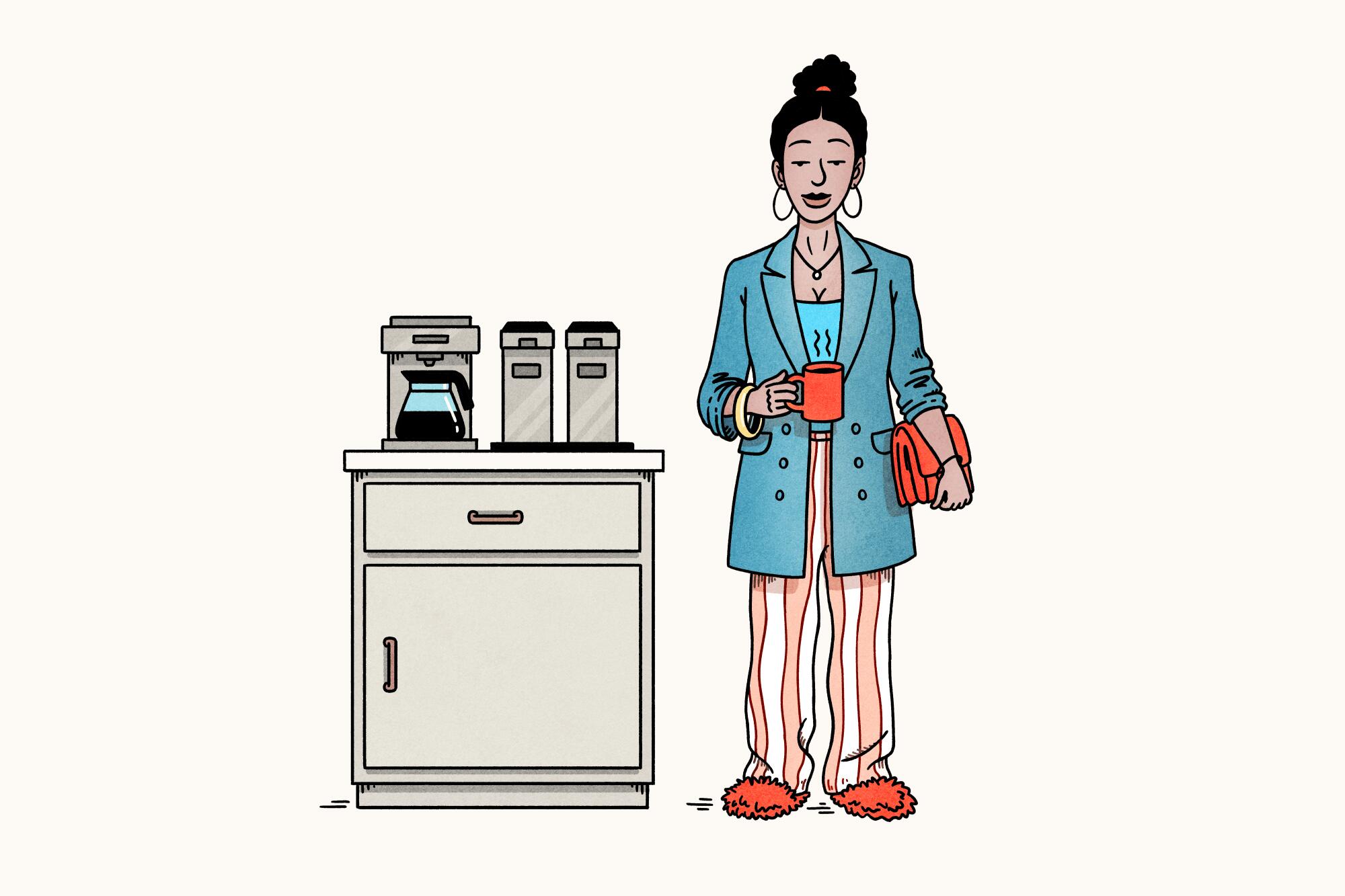 Illustration of a woman wearing a blazer and pajamas getting coffee from an office coffee maker.