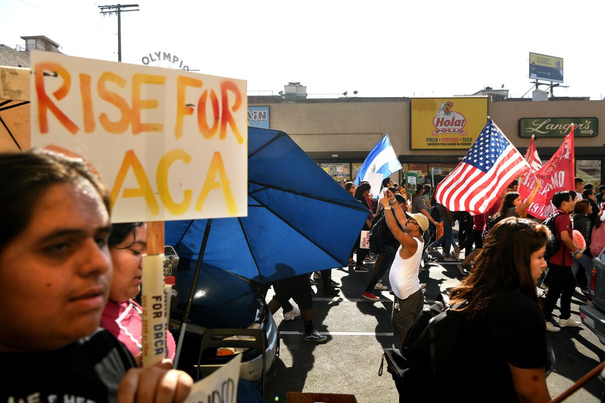 DACA supporters march in Los Angeles holding signs and flags in November 2019.