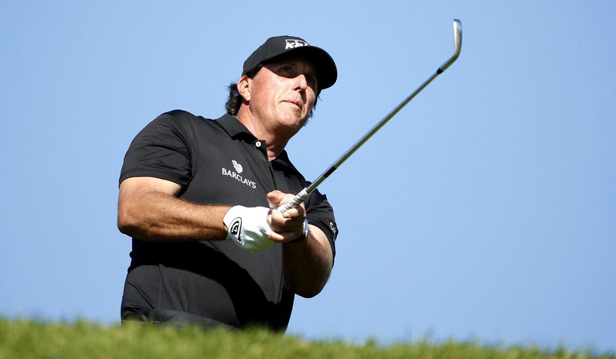 Phil Mickelson tees off on the 6th hole during Round 2 of the Farmers Insurance Open at Torrey Pines North on Jan. 29.