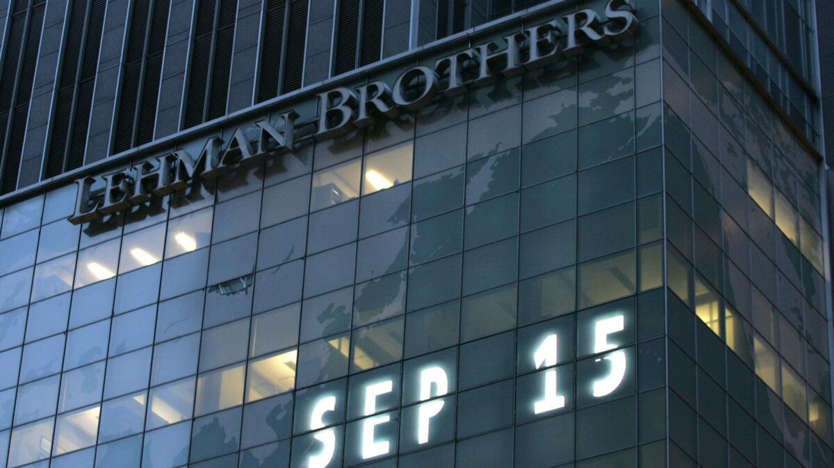 Lehman Bros.' world headquarters in New York in 2008. (Mark Lennihan / Associated Press)