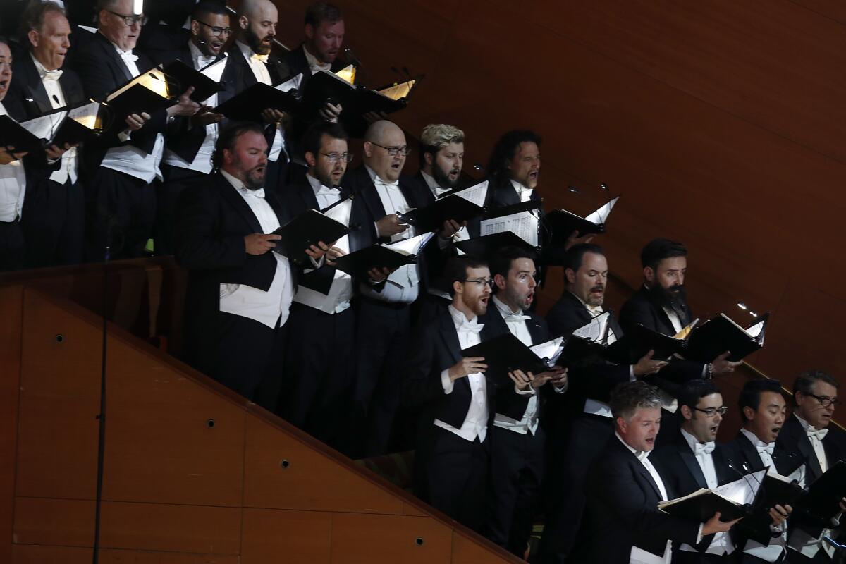 Members of the Los Angeles Master Chrorale perform with the L.A. Phil to kick off the Phil's centennial season with a "California Soul" gala at the Walt Disney Concert Hall in downtown Los Angeles on Thursday, Sept. 28, 2018.