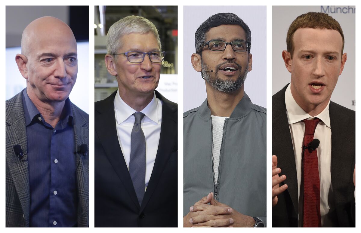 From left: Amazon CEO Jeff Bezos, Apple CEO Tim Cook, Google CEO Sundar Pichai and Facebook CEO Mark Zuckerberg.