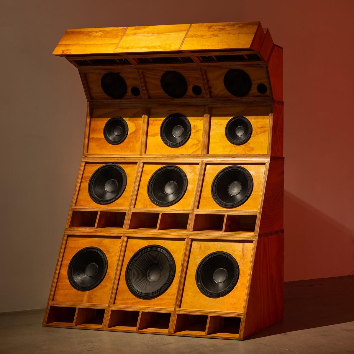 Cosmo Whyte’s Sole Imperial, 2019, plywood, 12 speakers, 3 horns, 15 tweeters.