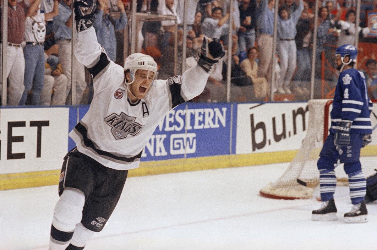 Los Angeles Kings left wing Luc Robitaille celebrates after scoring a goal against the Toronto Maple Leafs in 1993.