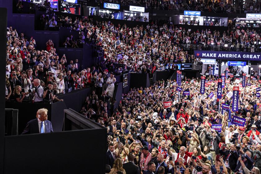 Milwaukee, Wisconsin, Tuesday, July 16, 2024 - Republican Presidential nominee Donald Trump arrives for day two of the Republican National Convention at Fiserv Forum. (Robert Gauthier/Los Angeles Times)