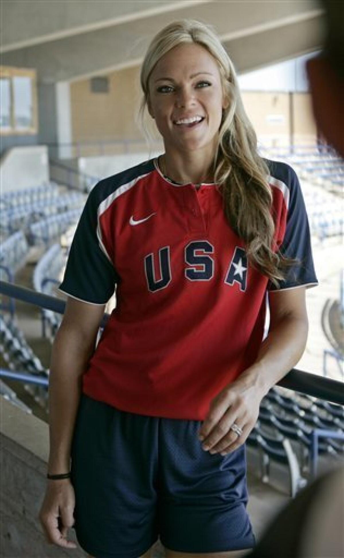 Olympic gold medalist Jennie Finch talks about her decision to retire during an interview in Oklahoma City, Tuesday, July 20, 2010. (AP Photo/Sue Ogrocki)