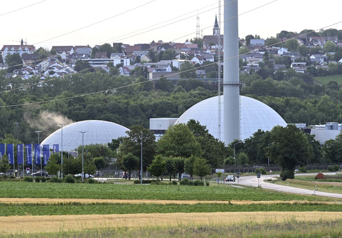 File---File photo shows the Neckarwestheim nuclear power plant on June 27, 2022. In view of the war in Ukraine and impending gas shortages, a departure from the German nuclear phase-out is being discussed. (Bernd Weissbrod/dpa via AP,file)
