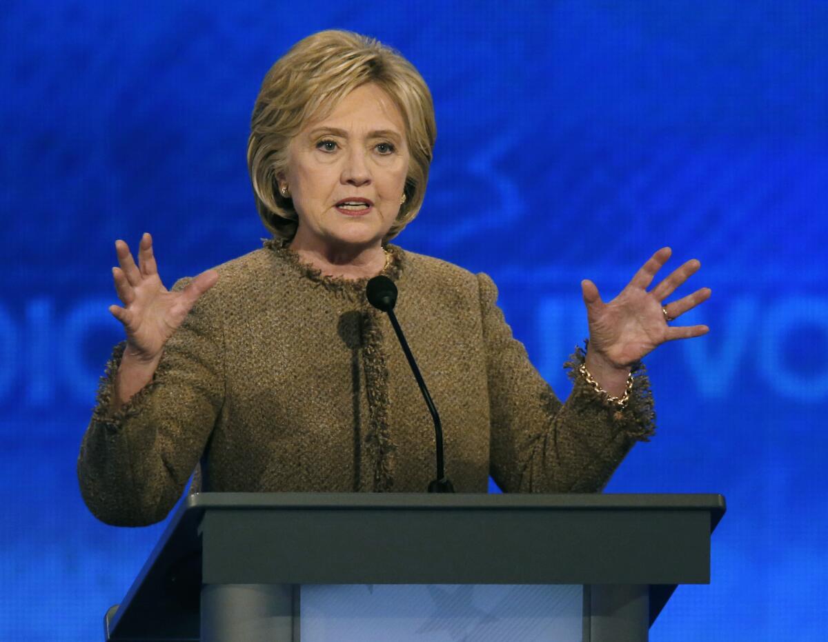 Hillary Clinton speaks during the Democratic presidential primary debate Saturday at St. Anselm College in Manchester, N.H.