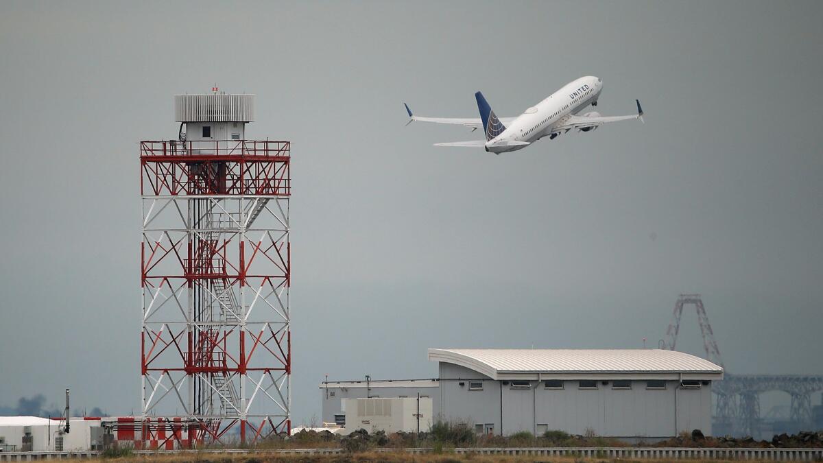 A United Airlines plane takes off from San Francisco International Airport.