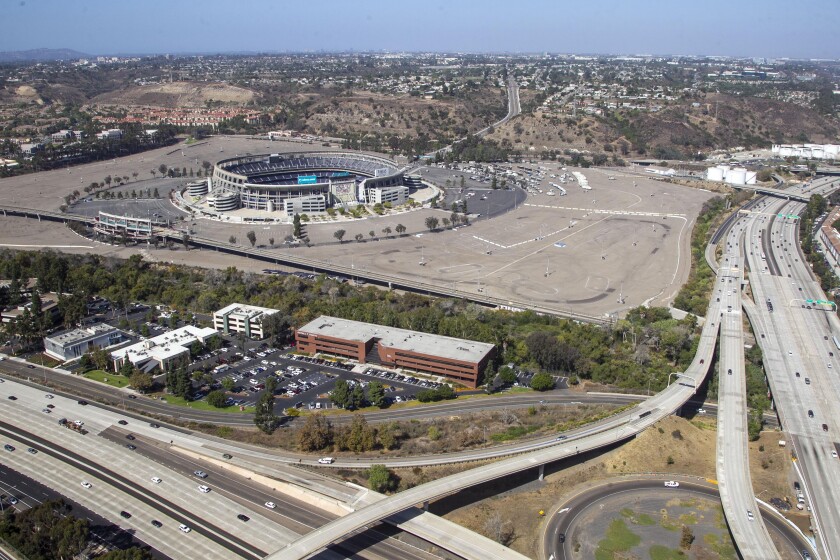 Aerial view of SDCCU stadium in Mission Valley looking down toward the northwest.