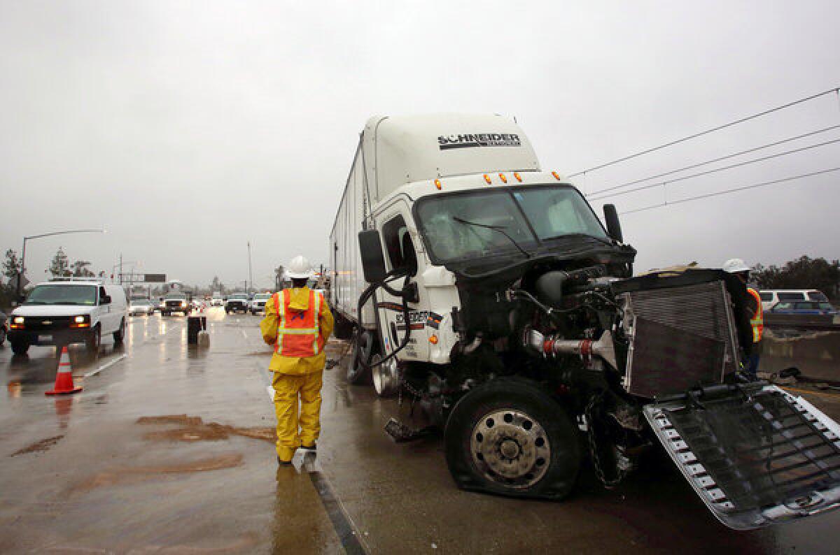 A big rig was involved in a solo crash on the eastbound 210 Freeway at Sierra Madre Boulevard early Thursday morning.