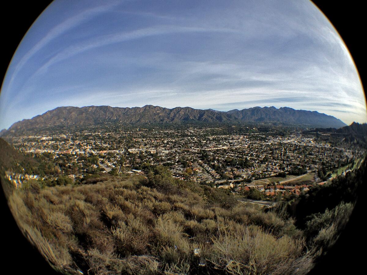 A fish-eye lens view of Glendale, La Crescenta and the San Gabriel Mountains from the Verdugo Mountains in Glendale on Wednesday, January 9, 2013. The Verdugo Mountains, which are within the Rim of the Valley Corridor, have been found to contain nationally significant resources along with previouslyÃ‚Â¿studied San Gabriel Mountains.