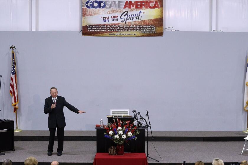 JACKSON, AL - NOVEMBER 14: Republican candidate for U.S. Senate Judge Roy Moore speaks during a campaign event at the Walker Springs Road Baptist Church on November 14, 2017 in Jackson, Alabama. The embattled candidate has been accused of sexual misconduct with underage girls when he was in his 30s. (Photo by Jonathan Bachman/Getty Images) ** OUTS - ELSENT, FPG, CM - OUTS * NM, PH, VA if sourced by CT, LA or MoD **