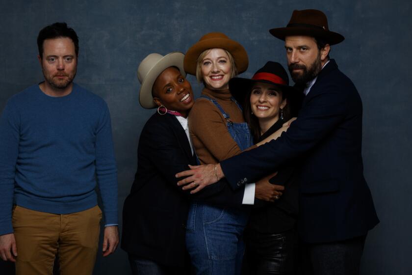 PARK CITY,UTAH --MONDAY, JANUARY 23, 2017-- Actor Jon Daly, director Janicza Bravo, actress Judy Greer, actress Shiri Appelby, actor Brett Gelman, from the film "Lemon," photographed in the L.A. Times photo studio during the Sundance Film Festival in Park City, Utah, Jan. 23, 2017. (Jay L. Clendenin / Los Angeles Times)