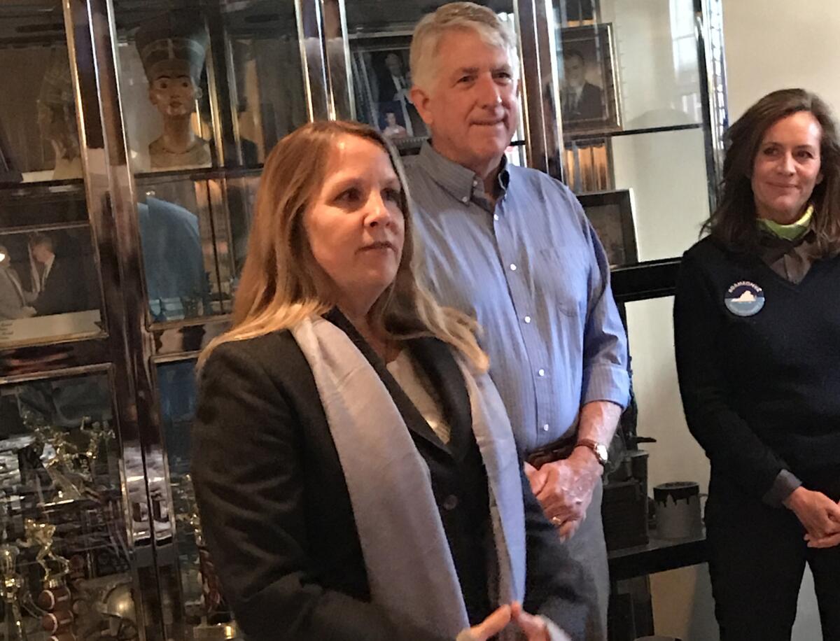 Virginia House of Delegates candidate Wendy Gooditis speaks to volunteers in Leesburg, with state Atty. Gen. Mark Herring and Dorothy McAuliffe, wife of Gov. Terry McAuliffe.
