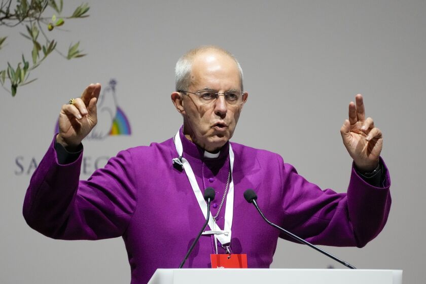 FILE - Archbishop of Canterbury Justin Welby delivers his speech at a interreligious meeting, in Rome on Oct. 6, 2021. The Archbishop of Canterbury has urged the Anglican Church of Uganda to reject the country’s new anti-homosexuality law, saying its support for the legislation was a “fundamental departure” from the global Anglican movement’s commitment to protect the dignity of all people. Archbishop Justin Welby, spiritual leader of worldwide Anglican Communion, said Friday, June 9, 2023, that he had written to Archbishop Stephen Kaziimba to express his “grief and dismay” over the Ugandan church’s position on the law.(AP Photo/Gregorio Borgia, File)