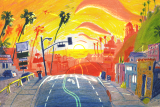 An illustration of a road through town to the ocean with a sunset sky