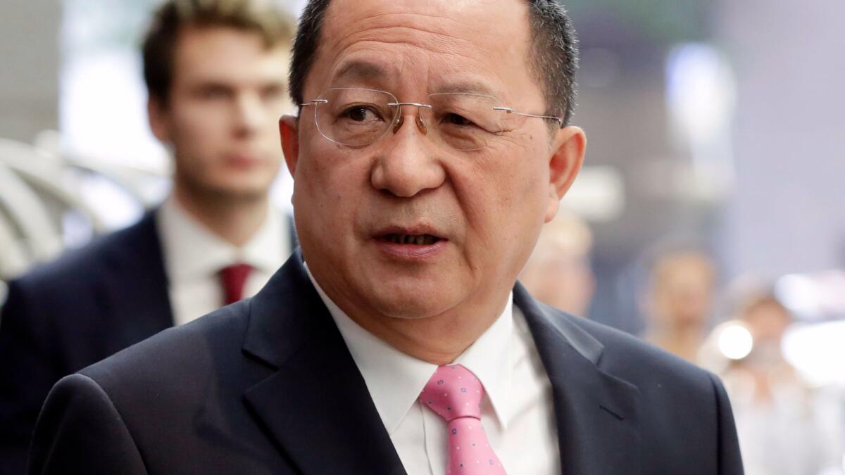 North Korean Foreign Minister Ri Yong Ho speaks outside the U.N. Plaza Hotel in New York on Sept. 25, 2017.