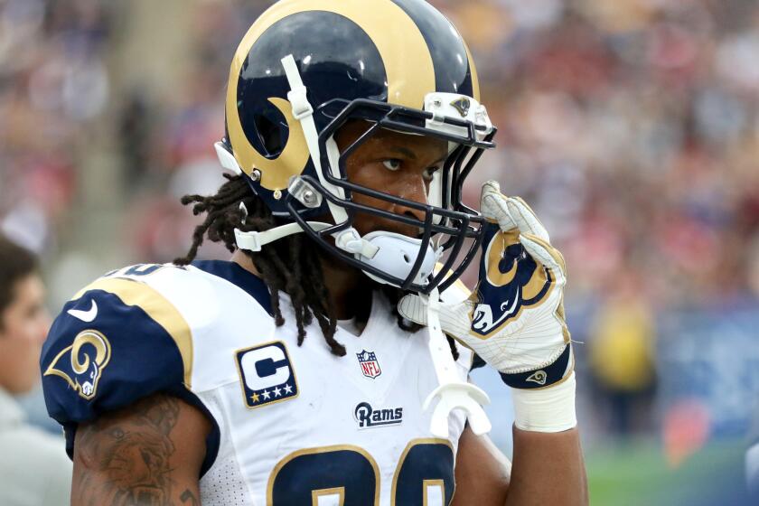 Rams running back Todd Gurley storms up and down the sideline during the first half against the Falcons on Dec. 11.