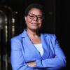L.A. mayoral candidate Karen Bass with glasses and short hair in a light blue suit jacket