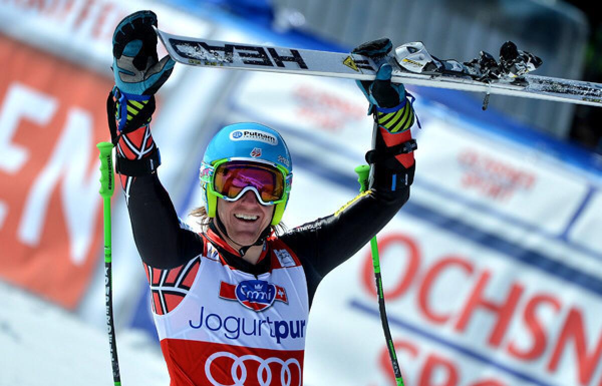Ted Ligety celebrates his victory in the giant slalom Saturday.