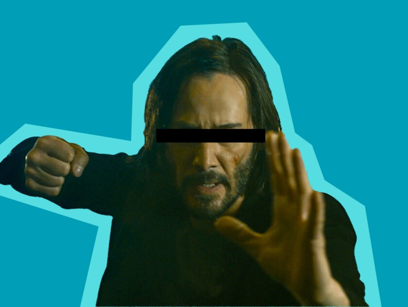 Keanu Reeves in a fighting stance with a black bar covering his eyes.