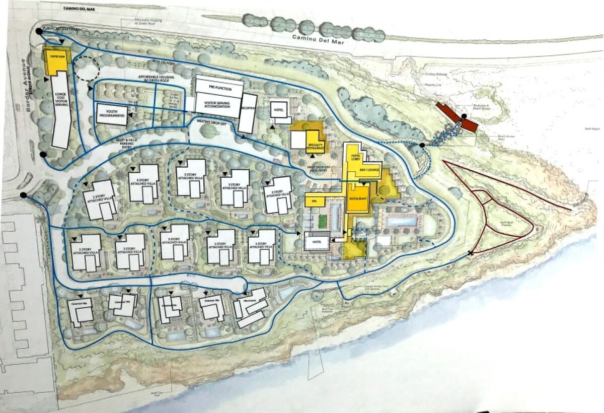 The revised site plan for Marisol, a 17-acre development on a Del Mar bluff near Solana Beach, was on display during a news conference Monday, Aug. 5.