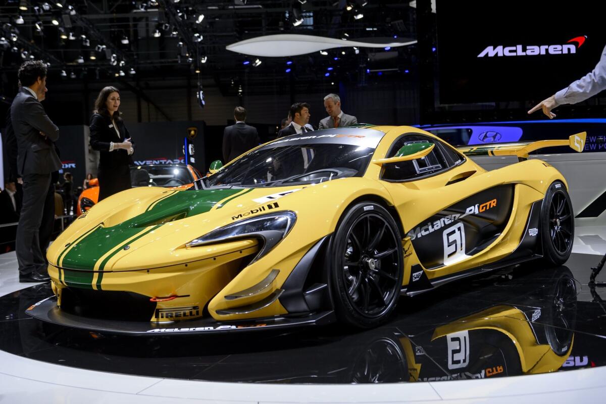 The new McLaren P1 GTR is displayed at the booth of the British carmaker on March 3 during the press day of the Geneva Car Show in Geneva.