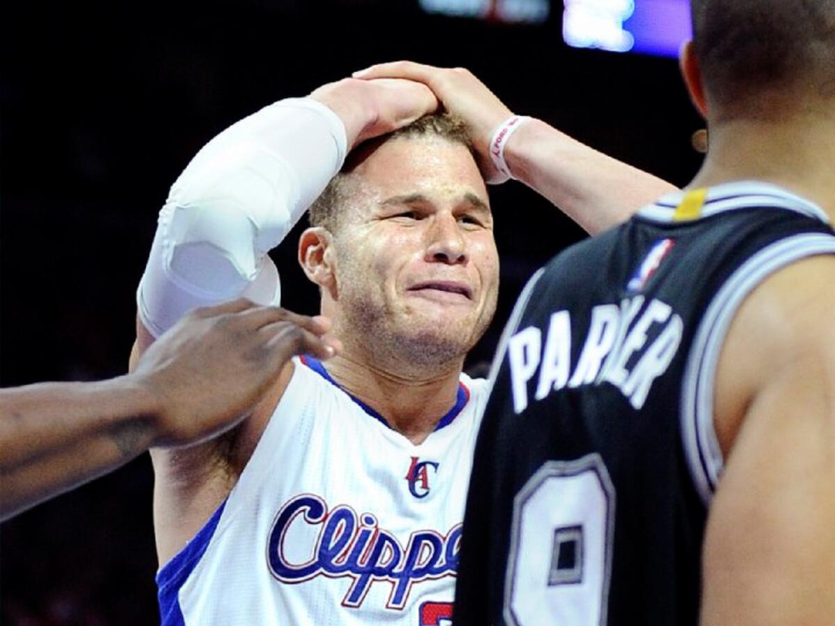 Blake Griffin reacts after DeAndre Jordan is called for basket interference late in the fourth quarter of the Clippers' 111-107 loss to the San Antonio Spurs in Game 5.