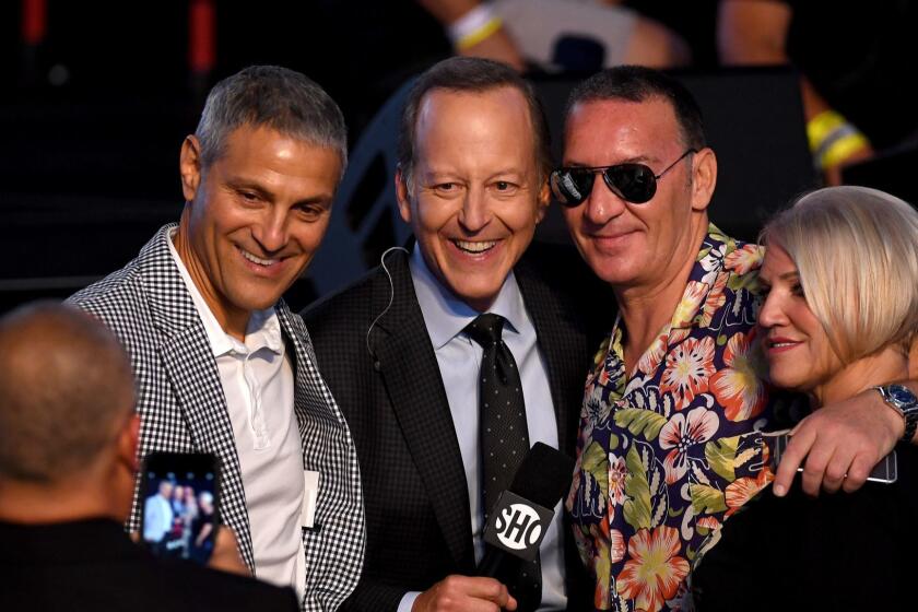 LAS VEGAS, NV - AUGUST 25: Ari Emanuel of WME-IMG, sportscaster Jim Gray, and Tony and Margaret McGregor are seen at the Floyd Mayweather Jr. and UFC lightweight champion Conor McGregor official weigh-in at T-Mobile Arena on August 25, 2017 in Las Vegas, Nevada. The two will meet in a super welterweight boxing match at T-Mobile Arena on August 26. (Photo by Ethan Miller/Getty Images) ** OUTS - ELSENT, FPG, CM - OUTS * NM, PH, VA if sourced by CT, LA or MoD **
