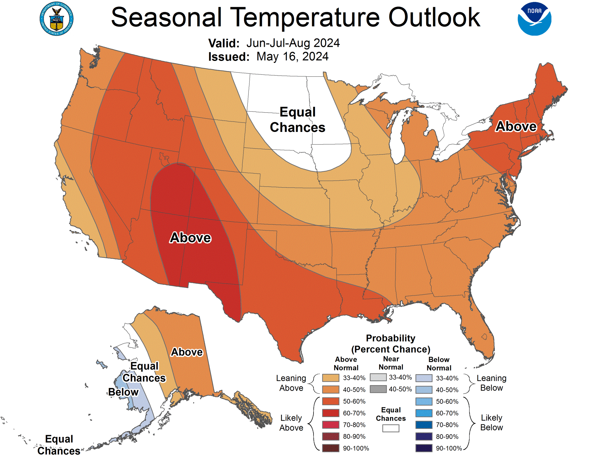 Seasonal outlooks indicate a high probability of warmer than normal temperatures in June, July and August.