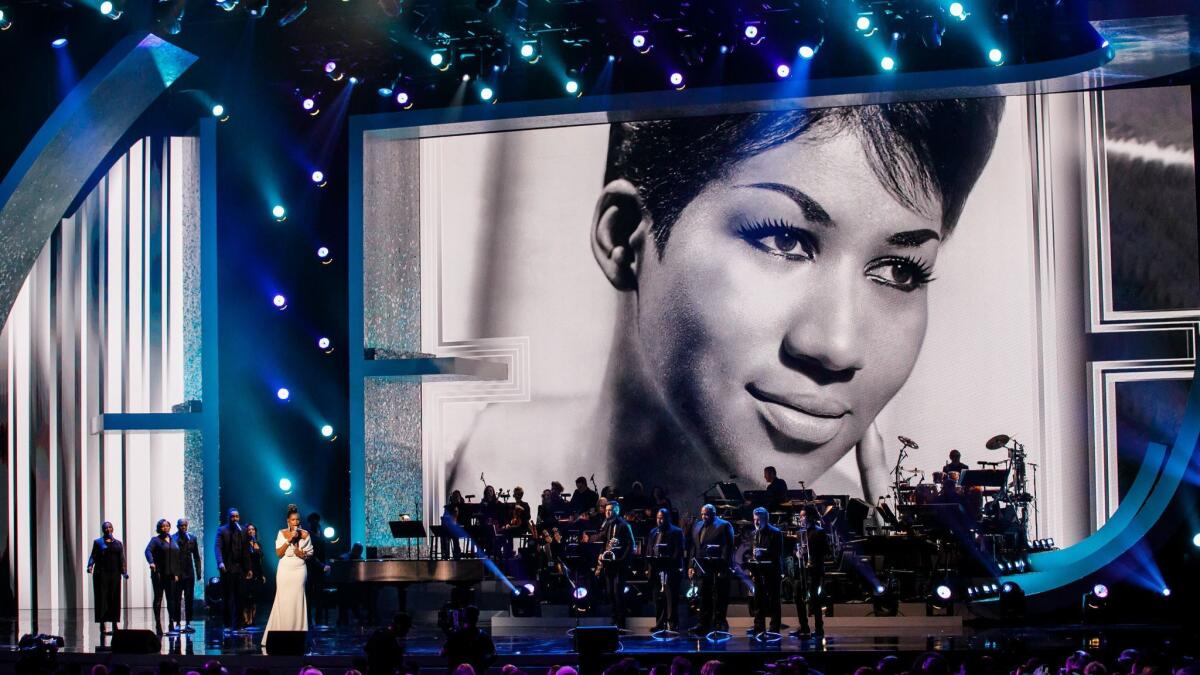 Jennifer Hudson performs for Aretha Franklin's tribute concert, "Aretha! A Grammy celebration for the Queen of Soul," at the Shrine Auditorium in Los Angeles