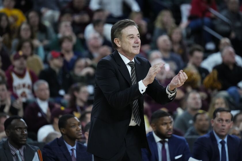 Iona head coach Rick Pitino calls out during the second half of an NCAA college basketball game against the Marist in the championship of the Metro Atlantic Athletic Conference Tournament, Saturday, March 11, 2023, in Atlantic City N.J. (AP Photo/Matt Rourke)