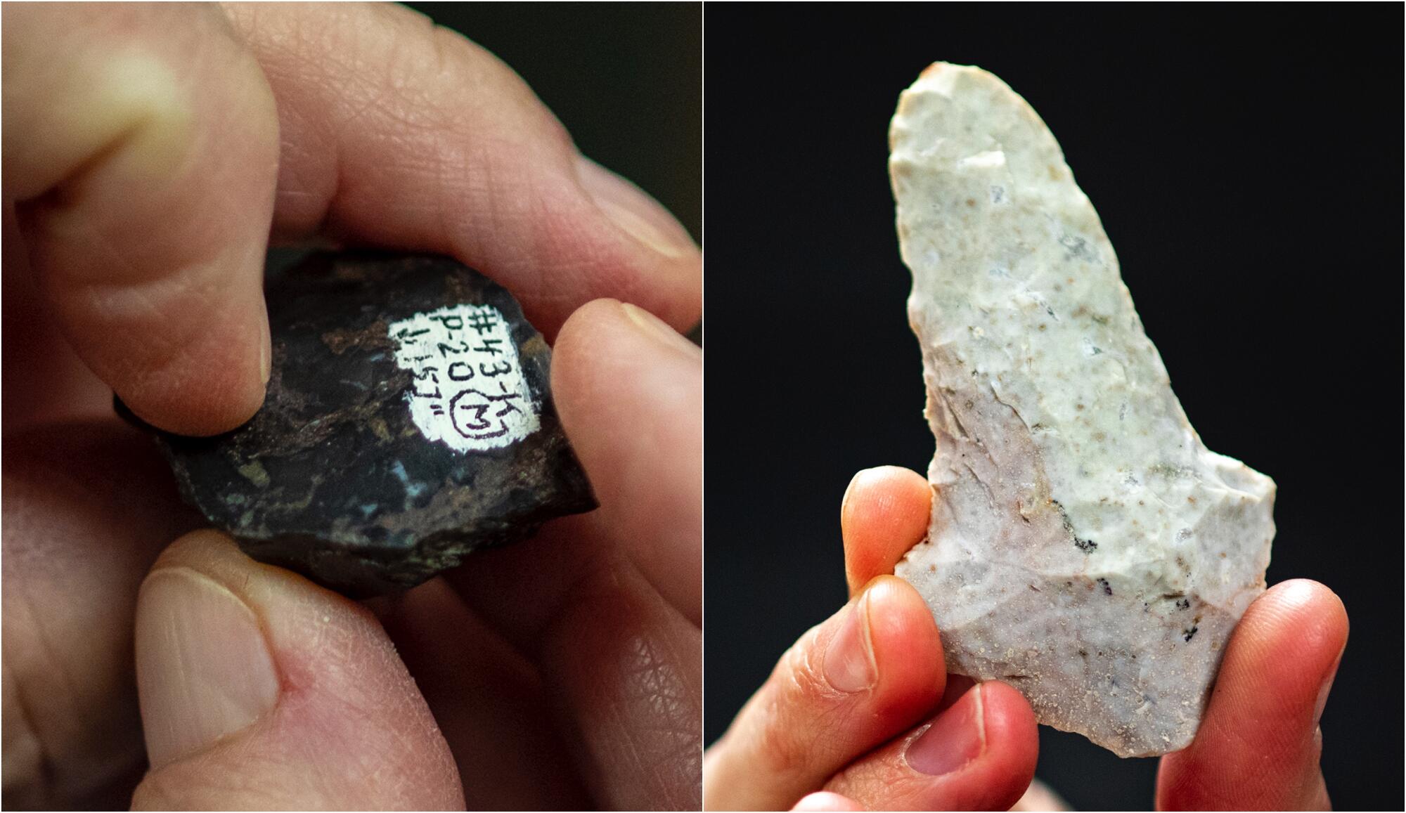 Two close-up images of hands holding ancient stone cutting and engraving tools
